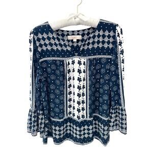LOFT Boho Navy White Patchwork Floral Peasant Blouse Top | Small